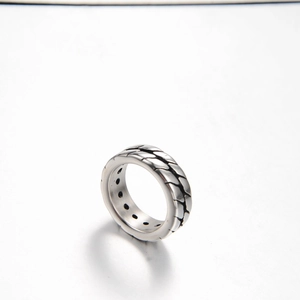 Vintage punk style silver stainless steel ring with hollow round holes and chain textures