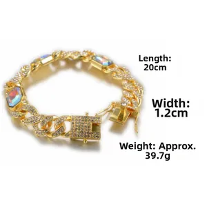 Detail view of 12mm gold Cuban link bracelet with rainbow zircons showing 20cm length