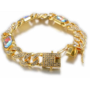 Iced out gold cuban chain bracelet with colorful rectangular zircon and pavé crystals