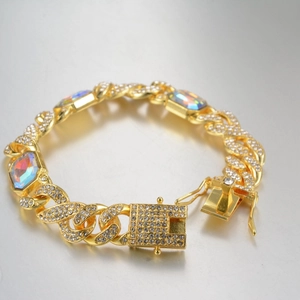 Hip Hop Men Women Gold Silver Plated Alloy Cuban Link Bracelet With Rectangle Rainbow Zirconia And Rhinestone Pave Iced Out Jewelry