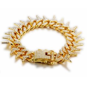 Iced out gold plated Cuban chain bracelet with lightning bolt charms and pave zircons