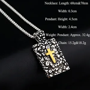 Hip hop cross pendant necklace with silver rock texture and gold cross on square chain