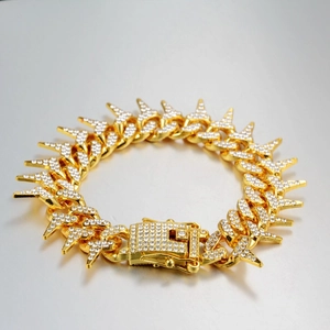 Iced Out Hip Hop Spike Cuban Link Bracelet For Men Alloy Rhinestone Thorn Punk Style Street Fashion Wristband Jewelry