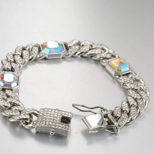 Silver Cuban link bracelet with colorful octagonal zircon stones and crystal buckle