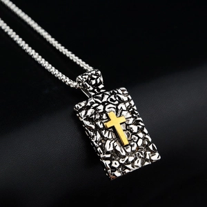 Men's Vintage Stainless Steel Cross Pendant Necklace Hip Hop Street Hammered Rectangular Tag Two-Tone Box Chain Jewelry Gift