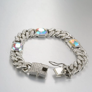 Silver Cuban link bracelet with iced-out rhinestones and rectangular colorful zircons