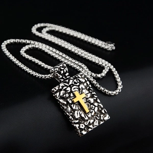 Hip hop rectangle pendant necklace with gold cross on silver textured metal base