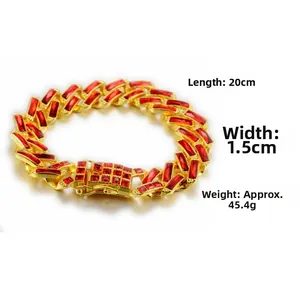 Detail of 1.5cm wide gold-plated hip-hop bracelet with vibrant red square zircon stones
