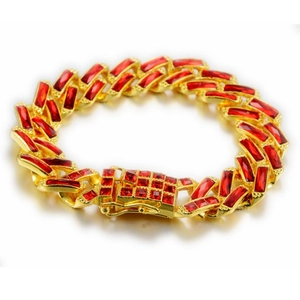 Hip hop gold Cuban link bracelet with rectangular red zircon stones and folding clasp