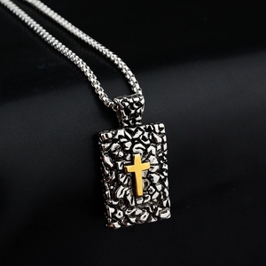 Vintage hip hop square pendant necklace with golden cross and textured silver finish