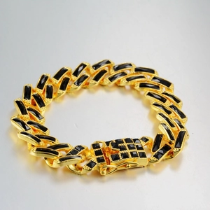 15mm gold Cuban link bracelet for men with black rectangular zircon and iced out clasp
