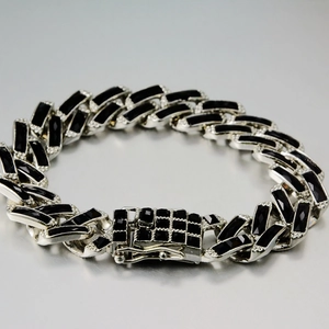Hip hop silver Cuban chain bracelet for men with 15mm black cubic zirconia stones