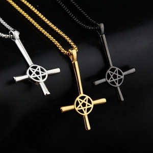 Gothic Inverted Cross Pentagram Pendant Necklace Stainless Steel Hip Hop Punk Jewelry For Men Women Silver Gold Black