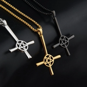 Hip hop style inverted cross pendant necklace with star element in gold, silver and black