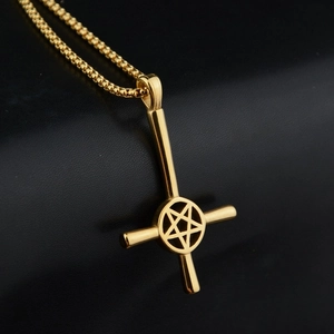 Hip hop style gold inverted cross pendant necklace with star design on black leather