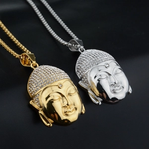 Collar de Colgante Cabeza de Buda Hip Hop de Acero Inoxidable con Strass Joyería Religiosa para Hombre Mujer Oro Plata Cadena