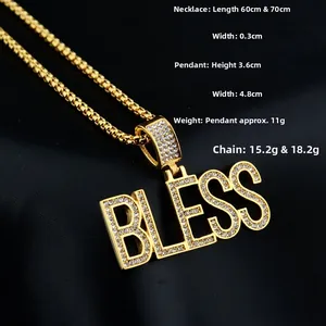 Macro detail of gold plated BLESS letter pendant with dimensions 3.6x4.8cm and crystal stones
