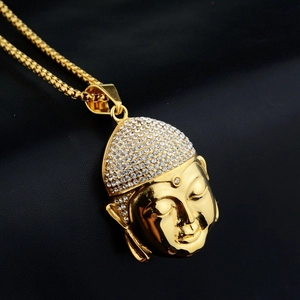 Colgante de cabeza de Buda dorado con diamantes blancos y collar de cadena de bolas unisex