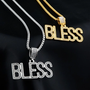 Titanium Steel Pave Rhinestone BLESS Letter Pendant Necklace Hip Hop Iced Out Box Chain For Men Women Street Trendy Jewelry