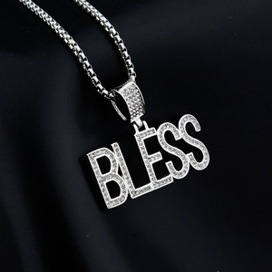 Hip hop silver-toned BLESS letter pendant necklace with sparkling pavé cubic zirconia