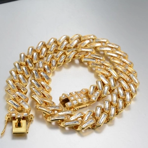 Parure Collier et Bracelet Chaîne à Mailles Gourmette Hip Hop 14mm Strass Carrés Homme Alliage Plaqué Or Argent Iced Out
