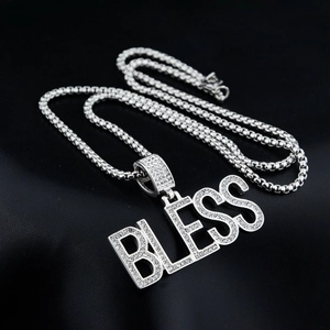 Hip hop silver BLESS letter pendant necklace with sparkling rhinestones on box chain