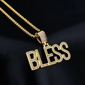 Hip hop iced out BLESS letter pendant necklace with gold finish and white crystals