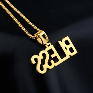 Gold BLESS letter pendant necklace with box chain for hip hop street style jewelry