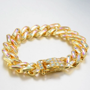 Bracelet chaîne cubaine 14mm pour homme en or avec zircons arc-en-ciel et fermoir serti de diamants