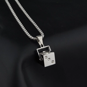 Fashionable square dice pendant necklace with sparkling crystals and silver box chain