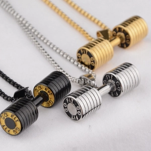 Hip-Hop Hantelanhänger Halsketten in Gold, Silber und Schwarz mit GO FIT-Gravur