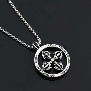 Collana Gotica Vintage in Acciaio Inossidabile Con Ciondolo a Disco Croce Vajra Lolita Incisa Gioielli Argento Antico