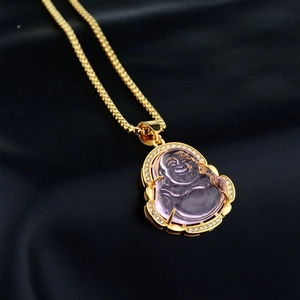 Golden Maitreya Buddha necklace with purple crystal pendant and sparkling rhinestones