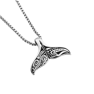 Hip hop vintage silver stainless steel whale tail pendant necklace with tribal carving