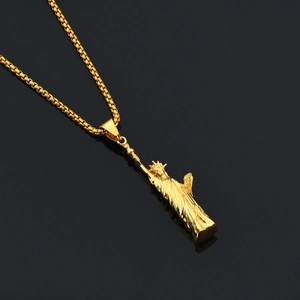 Hip Hop Lady Liberty Pendant Necklace Stainless Steel Box Chain Gold Plated Relief Statue Necklace For Men Women Nightclub Party Jewelry
