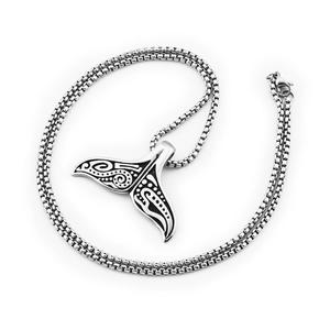 Hip hop whale tail pendant necklace with tribal engraving on polished stainless steel