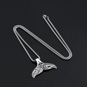 Hip hop silver whale tail pendant necklace with tribal totem engraving for men and women