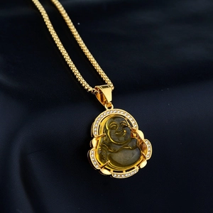 Close-up of Maitreya Buddha pendant in gold plating with crystal rhinestones on silk
