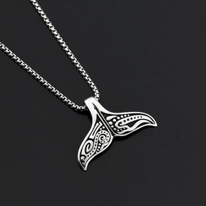Vintage Stainless Steel Totem Whale Tail Pendant Necklace For Men Women Tribal Polynesian Style Silver Fishtail Jewelry