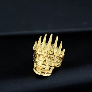 Gothic gold plated stainless steel skull ring with crown details for men in hip hop style
