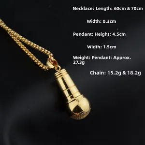 Detail of hip hop microphone pendant with dimensions and high polish golden finish