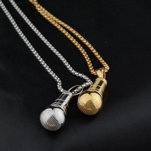 Hip Hop Microphone Pendant Necklace Stainless Steel Music Style Jewelry Streetwear For Men Women Polished Box Chain