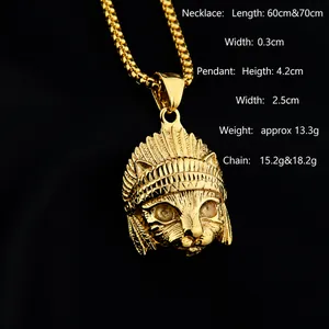 Close-up of golden Elvis cat pendant with detailed feather headdress on metal chain