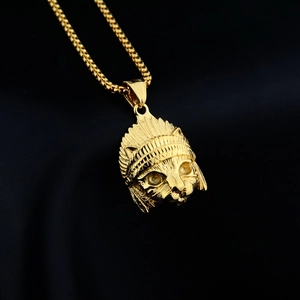 Golden cat pendant necklace with intricate Indian feather headdress hip-hop style