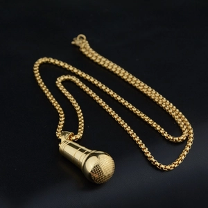 Hip hop style gold microphone pendant necklace with box chain for men and women
