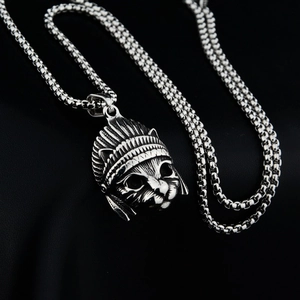 Retro silver Elvis cat pendant necklace with Indian feather headdress on box chain