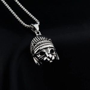 Titanium Steel Indian Chief Cat Head Pendant Necklace Retro Oxidized Rhinestone Hip Hop Jewelry For Men Women