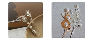 Detailed macro view of alloy lotus hair pin with tassels and white pearls for Hanfu style