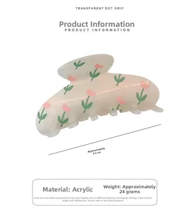 Detailed view of acrylic hair claw clip with pink tulip prints and 9.5cm spring design