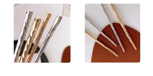 Close-up of hammered metal hair pins in gold and silver with DIY hole design